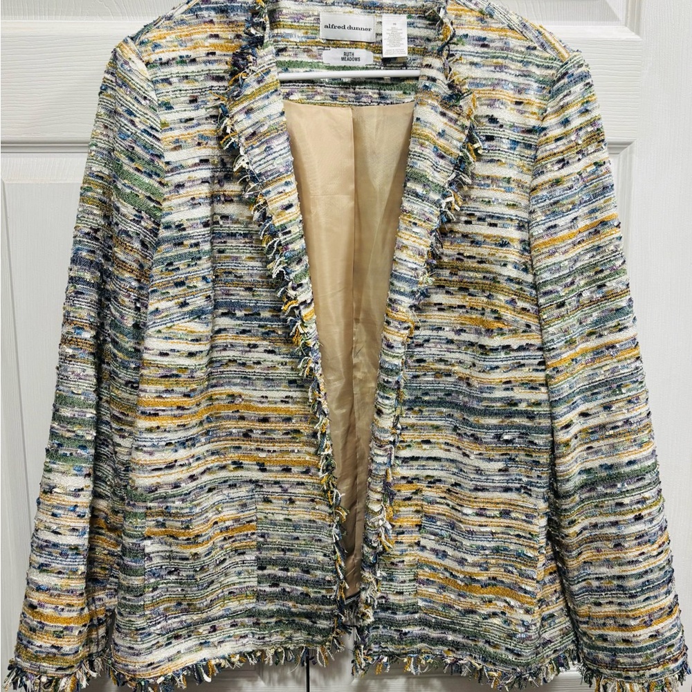 Alfred Dunner Multicolor Striped Tweed Blazer With Pockets and Fringe